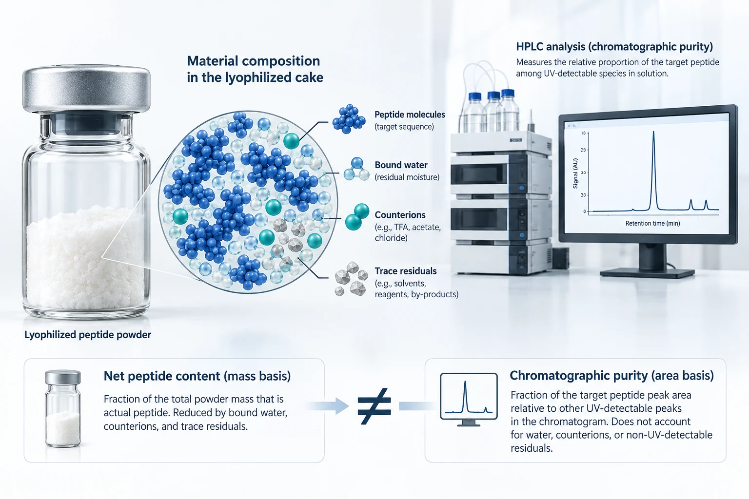 HPLC Purity Is Not Peptide Content: How to Read a Lyophilized Peptide COA technical illustration